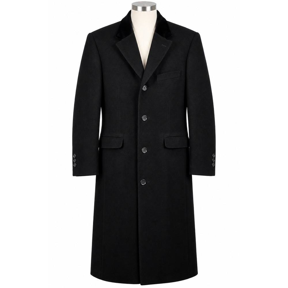 XXIOTTI Men's 38R Black Wool Cashmere Long Overcoat Velvet Collar
